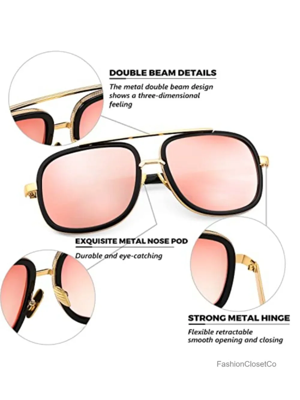 Retro Square Aviator Sunglasses Metal Acetate Frame UV Protection